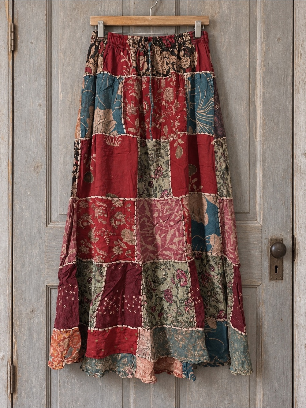 Bohemian Patchwork Maxi Skirt in Burgundy Multi